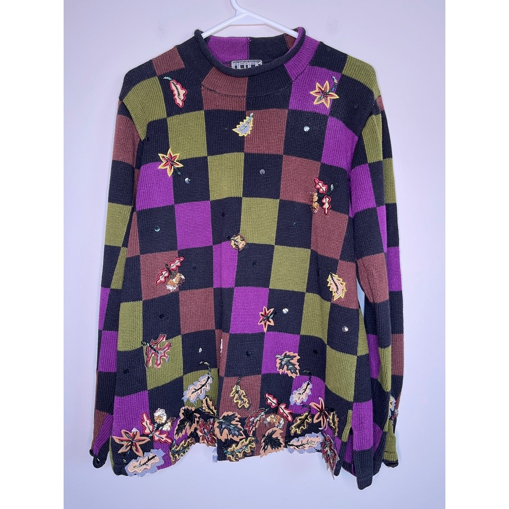 1990s Berek Checker Brown Green Purple Fall Leaves Halloween Beaded 3D Sweater L